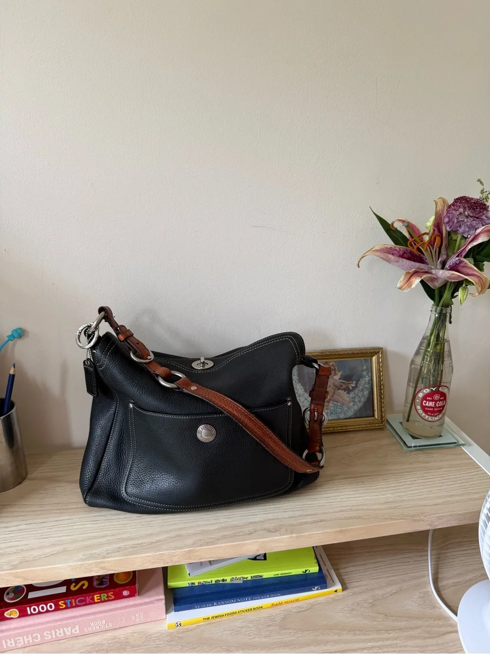 Coach Black Pebbled Leather Shoulder Bag with Brown Strap Accents